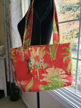 Tropical Fabric Handbag with Green Accents